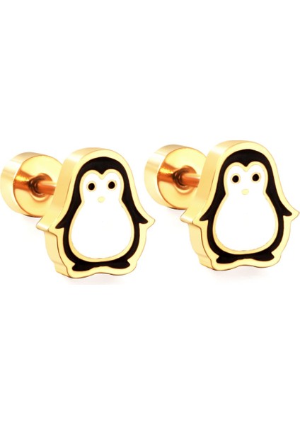 Penguen Model Çelik Çocuk Küpesi - Vidalı Kapama - Altın Renkli