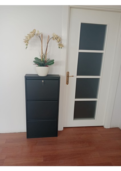 3 Gözlü (Kapaklı) Metal Ayakkabılık Antrasit Kilitli