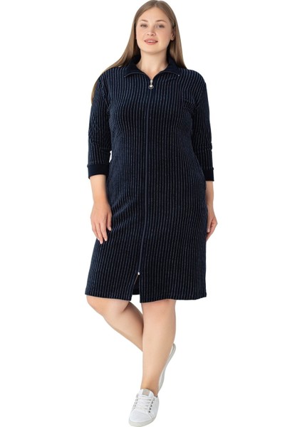 Kadın Büyük Beden Lacivert Çizgi Desenli Pamuklu Kadife Cepli Fermuarlı Truvakar Kollu Elbise fiyatları
