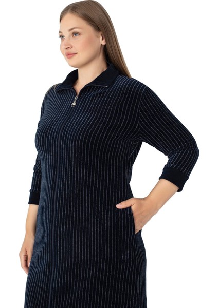 Kadın Büyük Beden Lacivert Çizgi Desenli Pamuklu Kadife Cepli Fermuarlı Truvakar Kollu Elbise modelleri