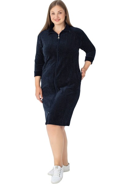 Kadın Büyük Beden Lacivert Çizgi Desenli Pamuklu Kadife Cepli Fermuarlı Truvakar Kollu Elbise fırsatları