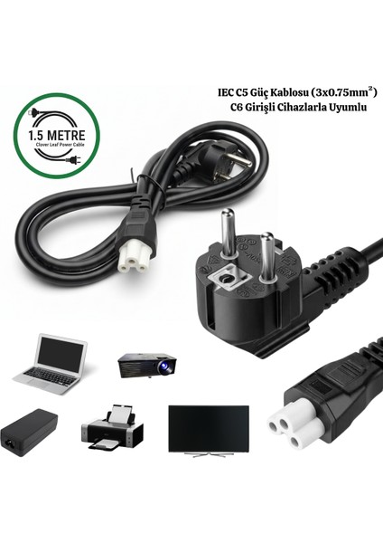 Gabble 1.5 Metre C5 Yonca Güç Kablosu 10A 250V (3X0.75MM²) Laptop Notebook Adaptör Tv Monitör Yazıcı Uyumlu
