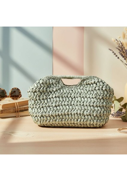 1445 El Örgüsü Burs Kapamalı Rafya Ip Clutch Çanta
