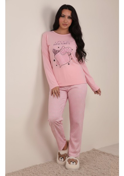 Kadın Sleep Routines Altı Desenli Interlok Bisiklet Yaka Uzun Kol Altı Uzun Pijama Takımı