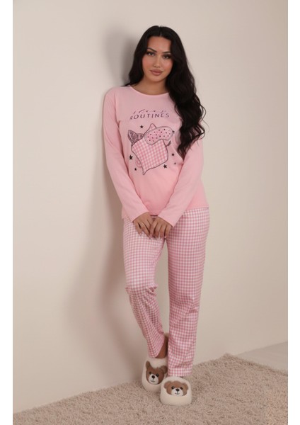 Kadın Sleep Routines Altı Desenli Interlok Bisiklet Yaka Uzun Kol Altı Uzun Pijama Takımı fiyatları