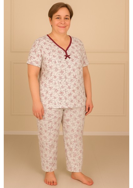 Kadın Desenli Biye Yakalı Kısa Kol Altı Uzun Penye Anne Pijama Takım