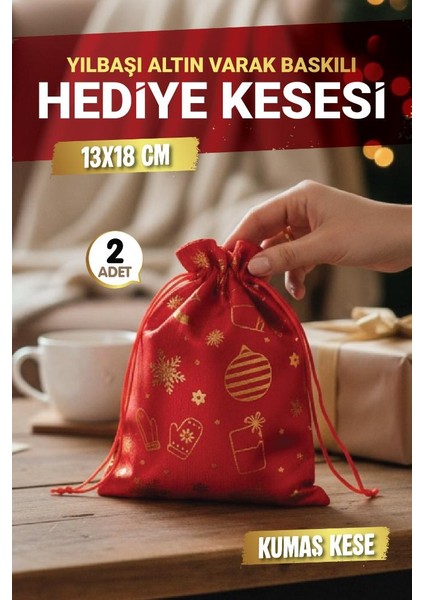 Yılbaşı Altın Varak Baskılı Hediye Kesesi Hediye Torbası 2 Adet 13X18 cm Yılbaşı SÜSÜ-T1526