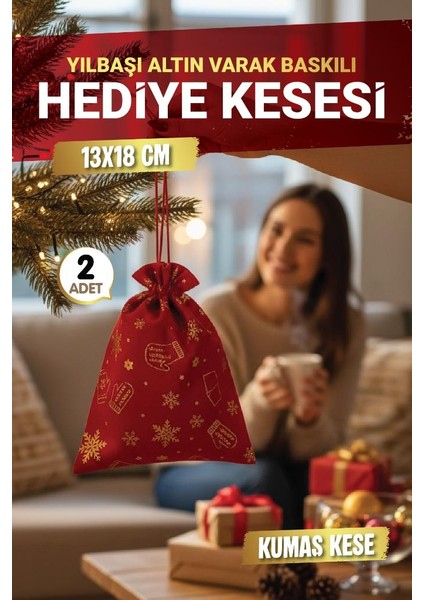 Yılbaşı Altın Varak Baskılı Hediye Kesesi Hediye Torbası 2 Adet 13X18 cm Yılbaşı SÜSÜ-T1526 modelleri