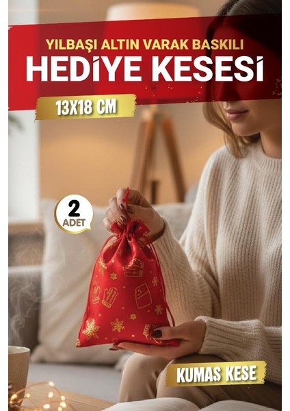 Yılbaşı Altın Varak Baskılı Hediye Kesesi Hediye Torbası 2 Adet 13X18 cm Yılbaşı SÜSÜ-T1526 fırsatları