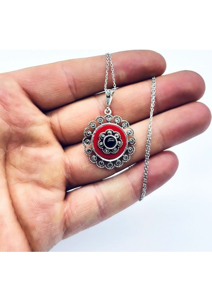 Margazit Kırmızı Mine ve Oltu Taşı Işçilikli 925 Ayar Gümüş Kolye fiyatları