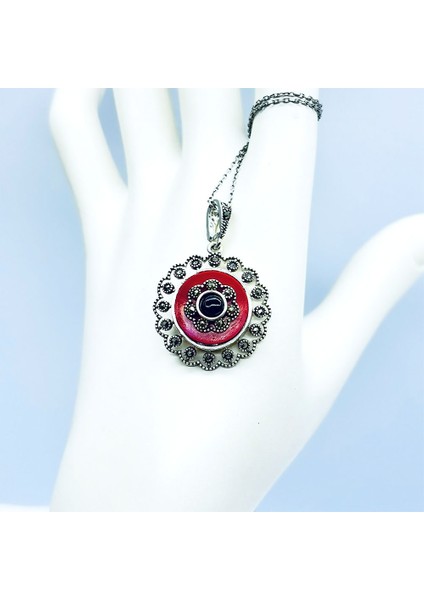 Margazit Kırmızı Mine ve Oltu Taşı Işçilikli 925 Ayar Gümüş Kolye fırsatları