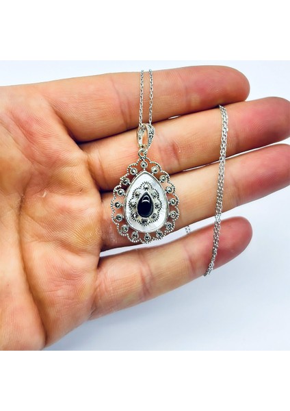 Damla Model Oltu Taşı ve Sedef Işçilikli 925 Ayar Gümüş Kolye fiyatları