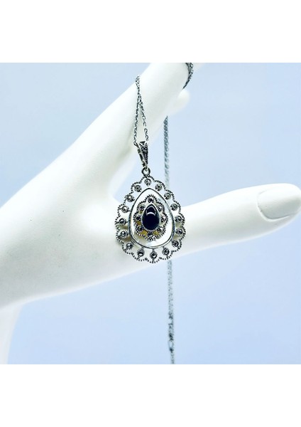 Damla Model Oltu Taşı ve Sedef Işçilikli 925 Ayar Gümüş Kolye modelleri