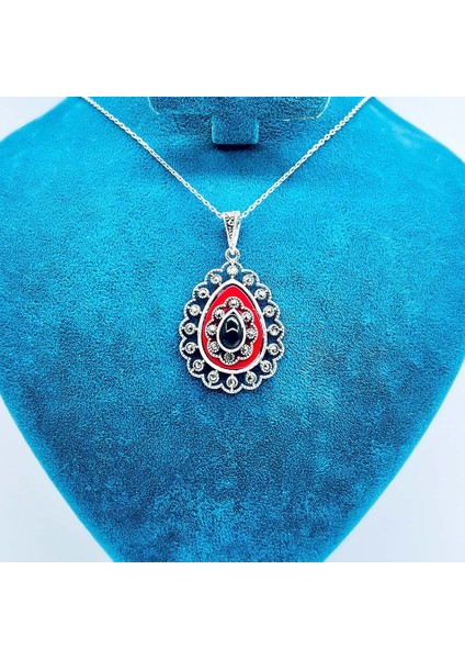 Damla Model Mine ve Oltu Taşı Işçilikli 925 Ayar Gümüş Kolye