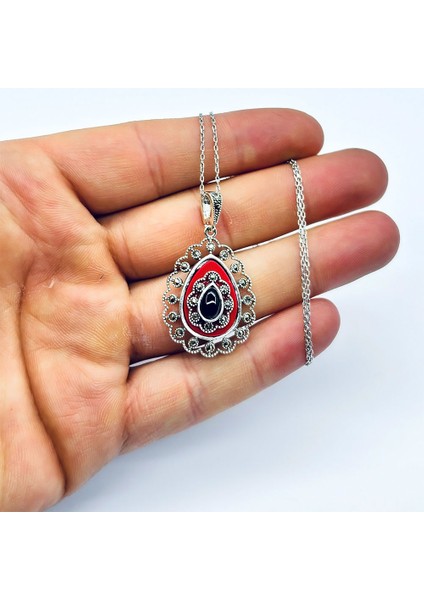 Damla Model Mine ve Oltu Taşı Işçilikli 925 Ayar Gümüş Kolye fiyatları
