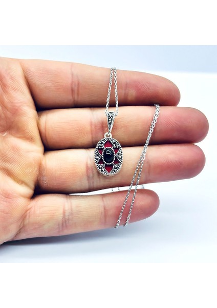 Oltu Taşı Margazit ve Mine Işçilikli 925 Ayar Gümüş Kolye fırsatları