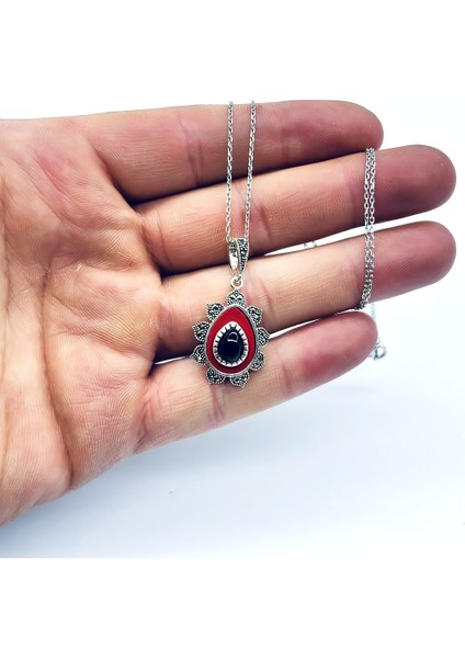 Kırmızı Mine ve Oltu Taşı Işçilikli 925 Ayar Gümüş Kolye fiyatları