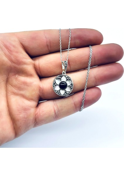 Oltu Taşı ve Sedef Işçilikli 925 Ayar Gümüş Kolye fiyatları