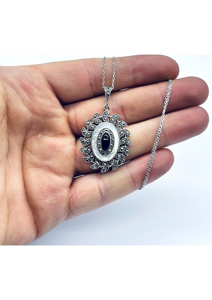 Sedef ve Oltu Taşı Işçilikli 925 Ayar Gümüş Kolye fiyatları