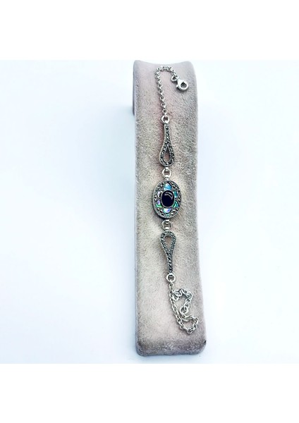 Oltu Taşı ve Yeşil Mine Işçilikli 925 Ayar Gümüş Bileklik