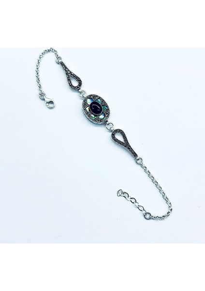 Oltu Taşı ve Yeşil Mine Işçilikli 925 Ayar Gümüş Bileklik modelleri