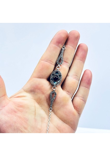 Oltu Taşı ve Yeşil Mine Işçilikli 925 Ayar Gümüş Bileklik fırsatları