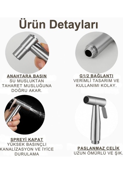 1.5mt Sprial Hortum 4 Parça Paslanmaz Çelik Taharet Musluk Seti Tuvalet Musluk El Duş Tabancası
