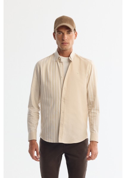 Erkek Bej Düğmeli Yaka %100 Pamuk Çizgili Regular Fit Gömlek A42Y2044