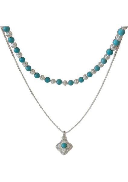 Kadınlar Için Turkuaz Çift Katlı Boncuklu Çiçek Kolye, Zinciri, Gerdanlık (Yurt Dışından)