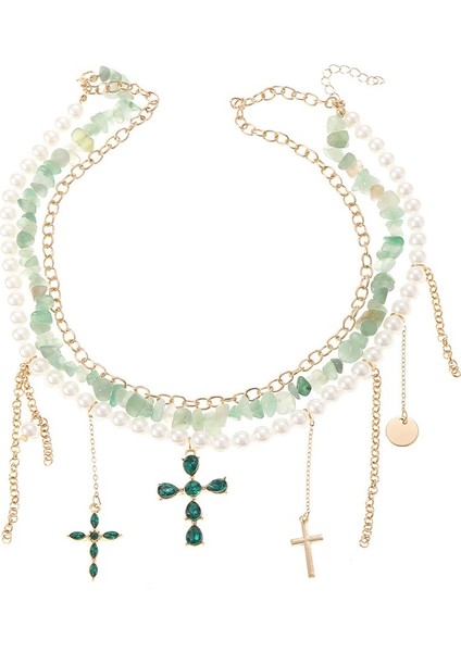Yeşil Püsküllü ve Haçlı Kadın Inci Kolye (Yurt Dışından)