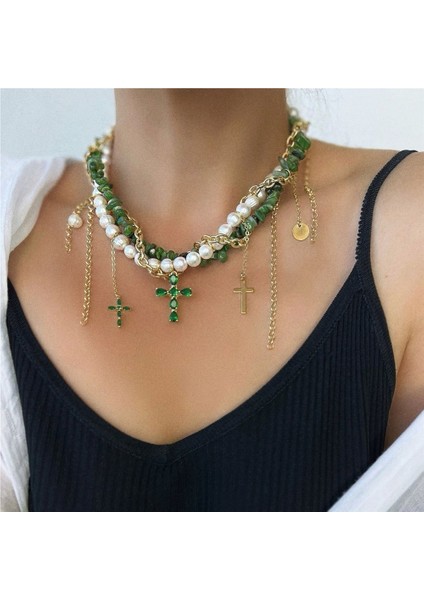Yeşil Püsküllü ve Haçlı Kadın Inci Kolye (Yurt Dışından) modelleri