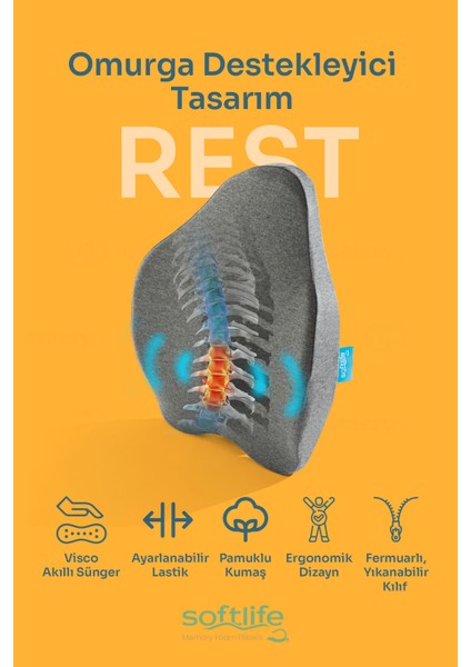 REST Ortopedik Visco Sırt ve Bel Destek Yastığı Bel Destek Minderi 54x42x9 Cm fiyatları
