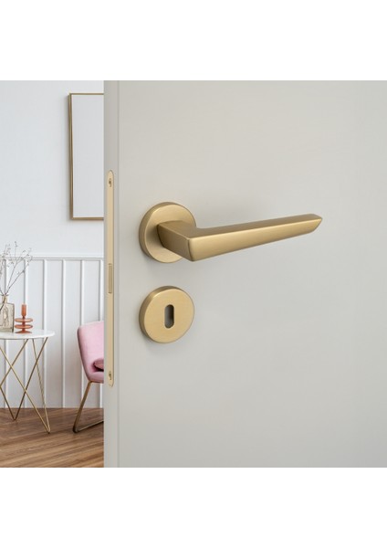 Thor Rozetli Kapı Kolu Altın Saten Renk Oda Rozetli