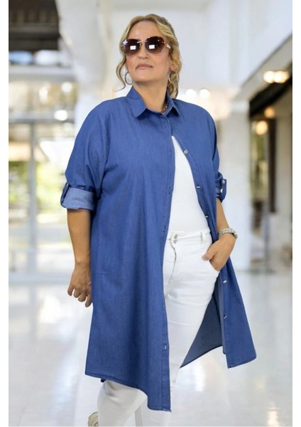 Katlanabilir Kol Detaylı Önden Düğmeli Ince Kot Kumaş Büyük Beden Tunik Gömlek modelleri