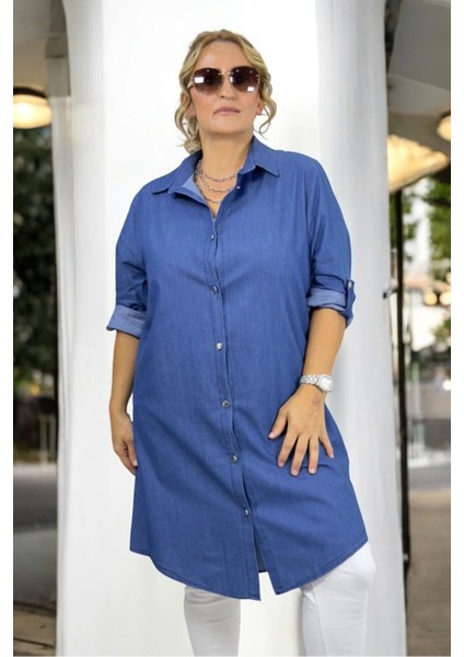 Katlanabilir Kol Detaylı Önden Düğmeli Ince Kot Kumaş Büyük Beden Tunik Gömlek indirimleri
