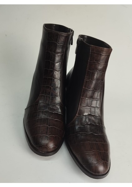 Kadın Hakiki Deri Kroko Detaylı Kahverengi Topuklu Bot fırsatları