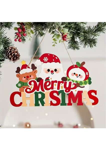 Noel Baba ve Mutlu Olsunlar Tabelalı Ahşap Kapı Süsü | 20X15 cm 2d Düz Noel Dekoru (1 Adet)