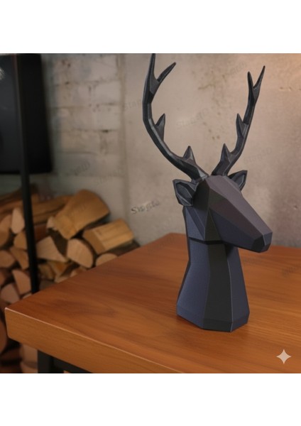 Geometrik Geyik Başı Dekoratif Heykel - 3D Baskı (Siyah & Beyaz) 25 cm