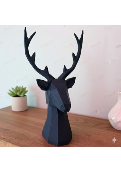 Geometrik Geyik Başı Dekoratif Heykel - 3D Baskı (Siyah & Beyaz) 25 cm fiyatları