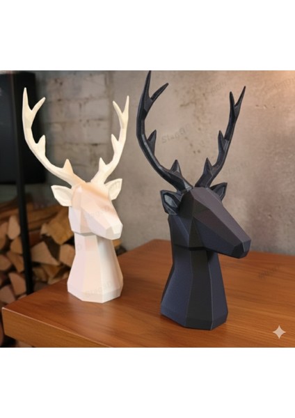 Geometrik Geyik Başı Dekoratif Heykel - 3D Baskı (Siyah & Beyaz) 25 cm modelleri