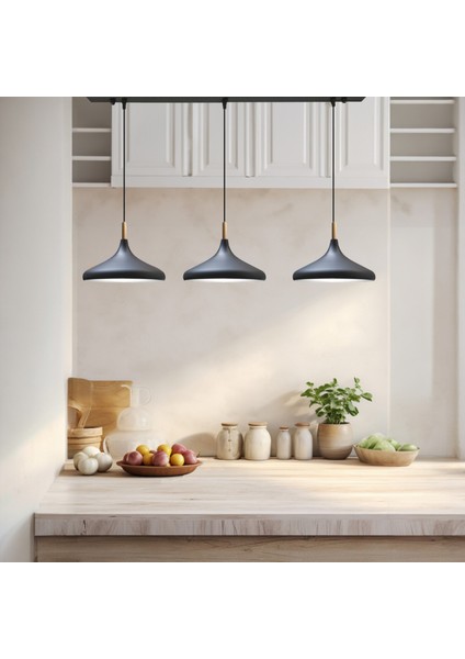 Üçlü Siyah Iç Beyaz Ahşap Başlık Sarkıt Lamba Yemek Masası Oturma Odası Mutfak Salon Otel Showroom