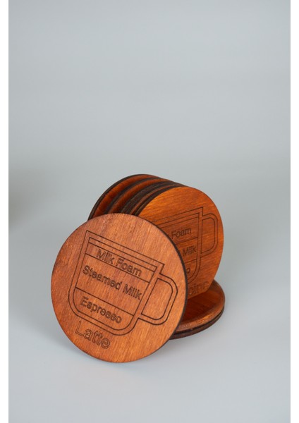 Kahve Temalı 6’lı Ahşap Bardak Altlığı Seti – Espresso / Latte / Cappuccino / Mocha / Americano / Macchiato