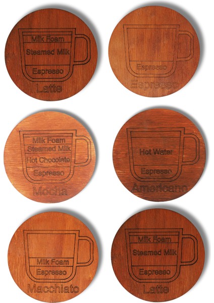 Kahve Temalı 6’lı Ahşap Bardak Altlığı Seti – Espresso / Latte / Cappuccino / Mocha / Americano / Macchiato modelleri