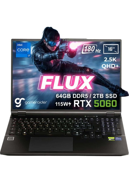 FLUX GR16 Intel Core i7-14650HX 64GB DDR5 2TB SSD RTX 5060 8GB 115W 16 inç 2.5K QHD+ 180Hz FreeDos Gaming Laptop