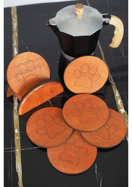 Pati Temalı 6’lı Ahşap Bardak Altlığı Seti – Standlı modelleri