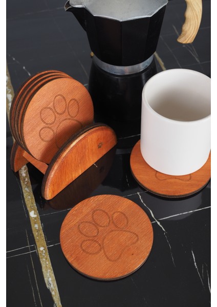 Pati Temalı 6’lı Ahşap Bardak Altlığı Seti – Standlı