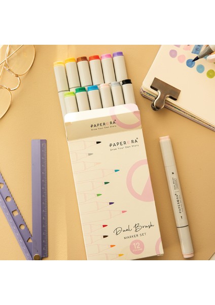 12’li Çift Uçlu Alkol Bazlı Marker Kalem Seti – Brush + Chisel