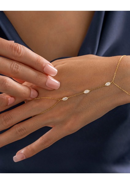 925 Ayar Gümüş Altın Renkli Elips Taşlı Şahmeran – Markiz Minimal Zarif El Zinciri - Silveria Jewels