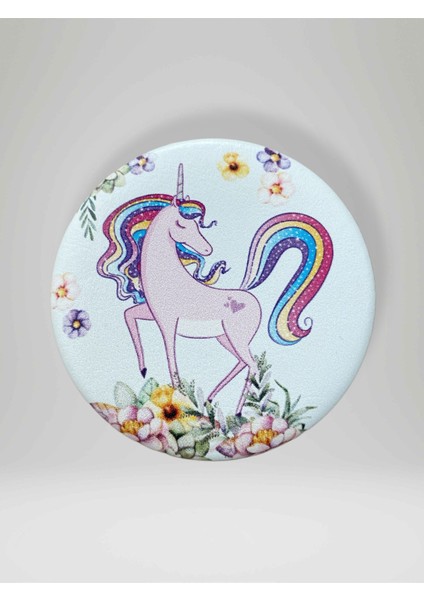 Unıcorn Temalı Çift Taraflı Yuvarlak Cep Çanta Makyaj El Aynası 7cm Çap (Kod:27)