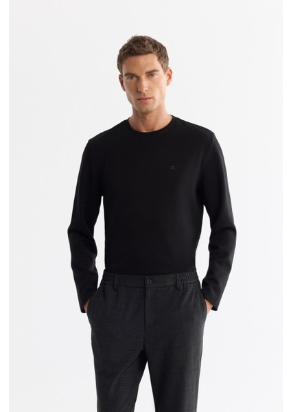 Erkek Siyah Bisiklet Yaka Pamuklu Basic Regular Fit Sweatshirt A42Y1350